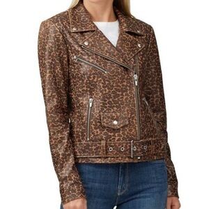 Veda Leopard Smooth Jayne Lamb Leather Zip Up Belted Moto Biker Jacket Brown M